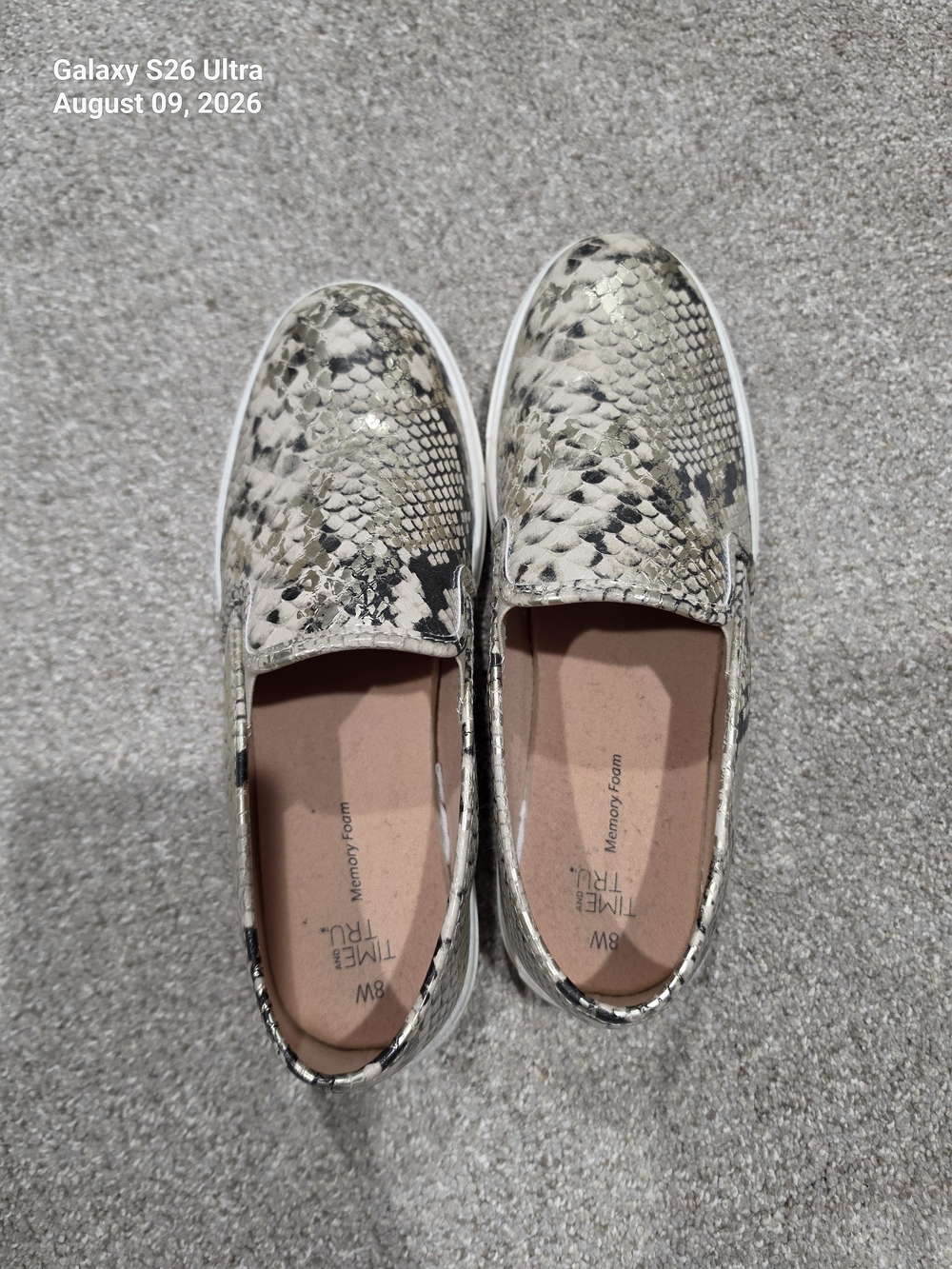 Time and Tru Snake-Print Slip-On Sneakers in Cream & Black
